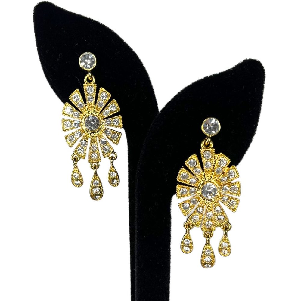 Gold Faux Diamond Round Dangle Pierced Costume Earrings